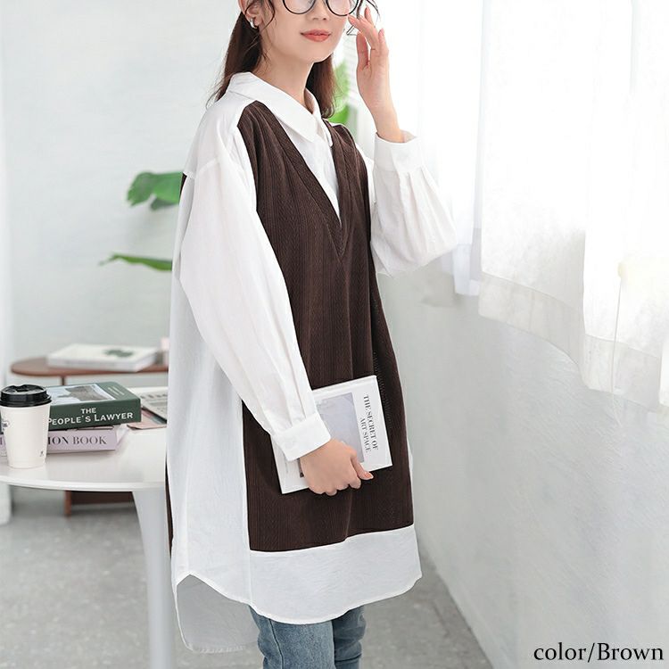 大きいサイズ レディース 異素材切り替え重ね着風シャツチュニック　maru-30083