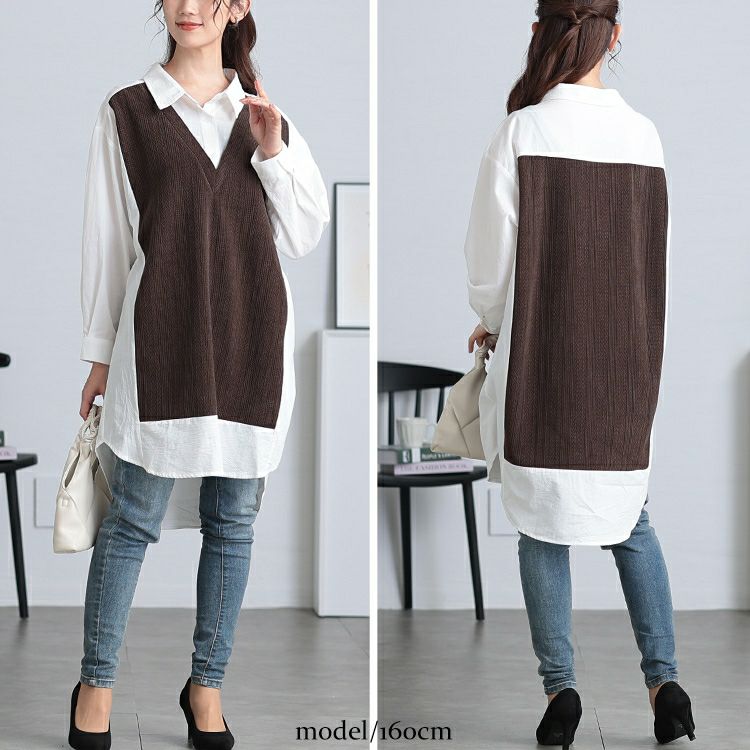 大きいサイズ レディース 異素材切り替え重ね着風シャツチュニック　maru-30083