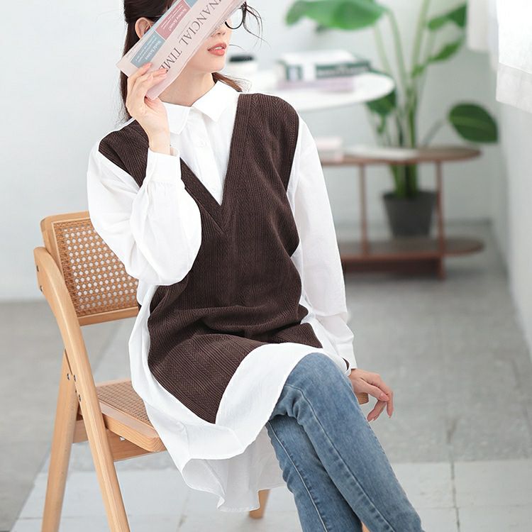 大きいサイズ レディース 異素材切り替え重ね着風シャツチュニック　maru-30083