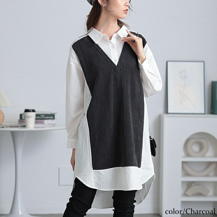 大きいサイズ レディース 異素材切り替え重ね着風シャツチュニック　maru-30083