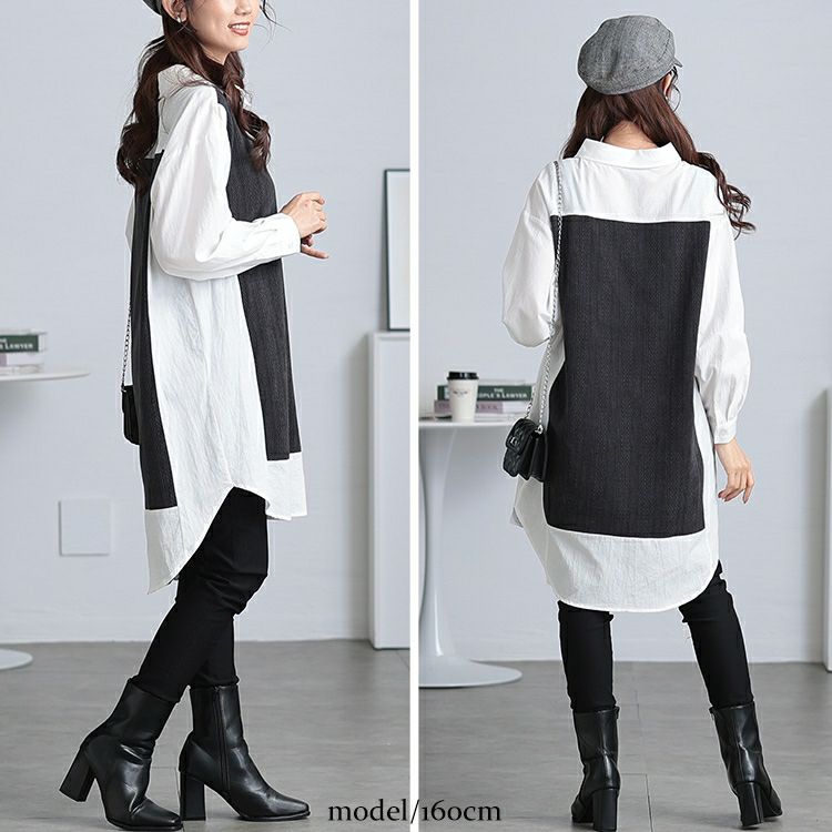 大きいサイズ レディース 異素材切り替え重ね着風シャツチュニック　maru-30083