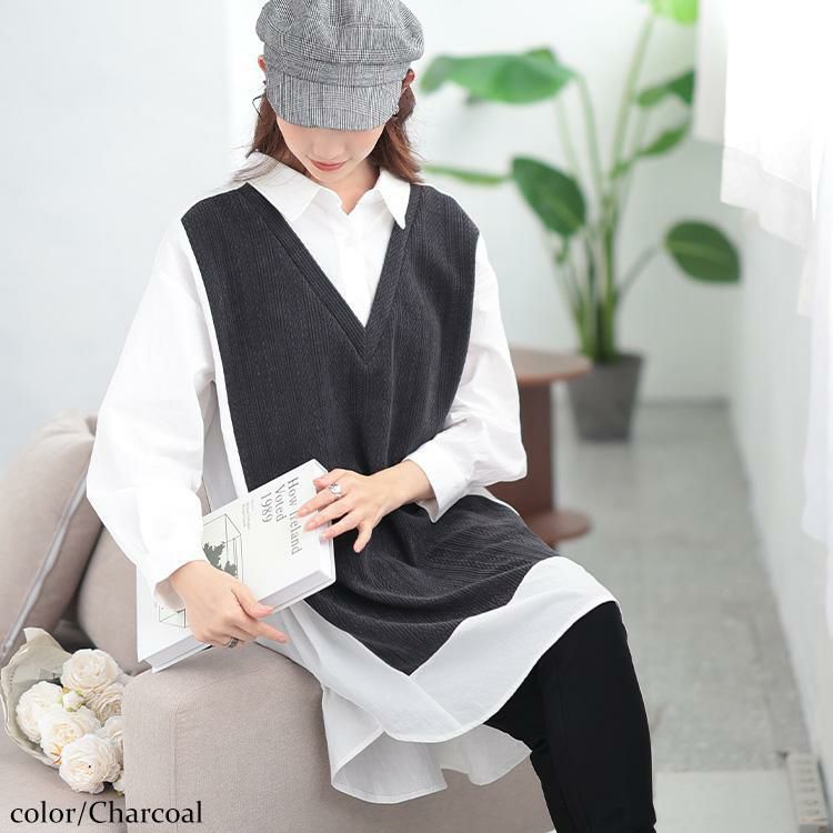 大きいサイズ レディース 異素材切り替え重ね着風シャツチュニック　maru-30083 チャコール