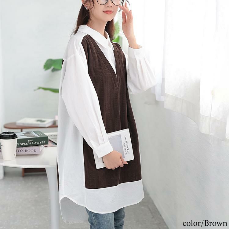 大きいサイズ レディース 異素材切り替え重ね着風シャツチュニック　maru-30083 ブラウン