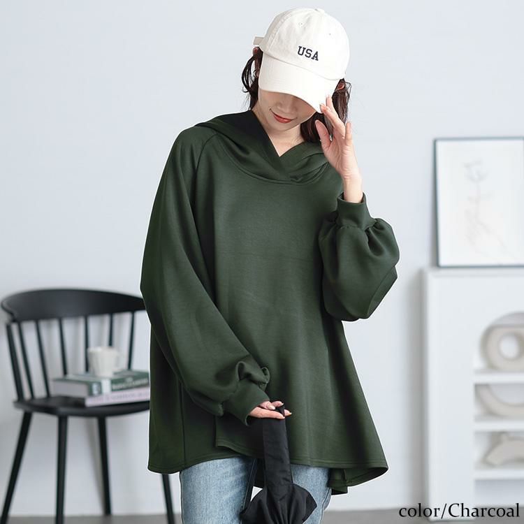 大きいサイズ レディース ボリュームスリーブラグランフレアパーカー　maru-30079 チャコール