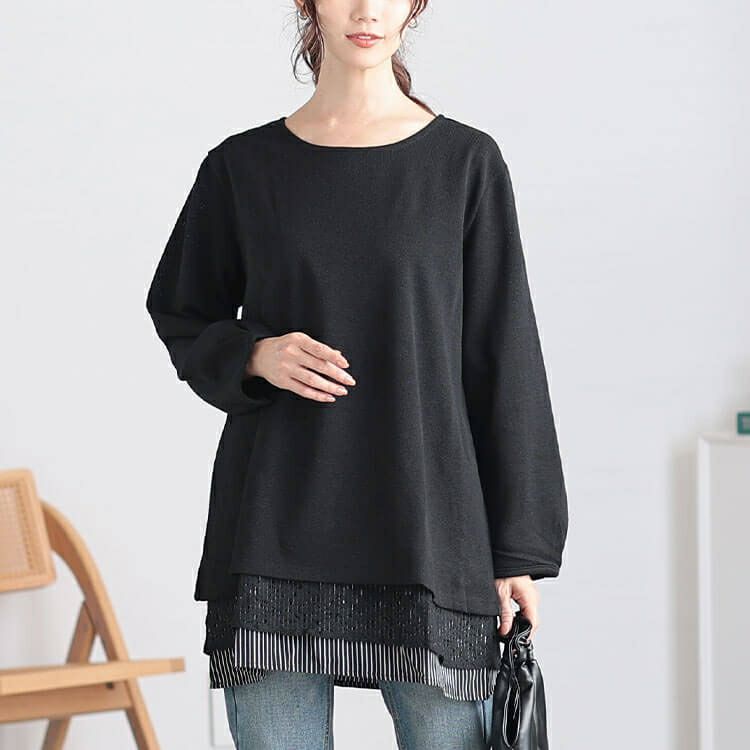 大きいサイズ レディース 裾レース＆ストライプ重ね着風チュニック　cast-5548006