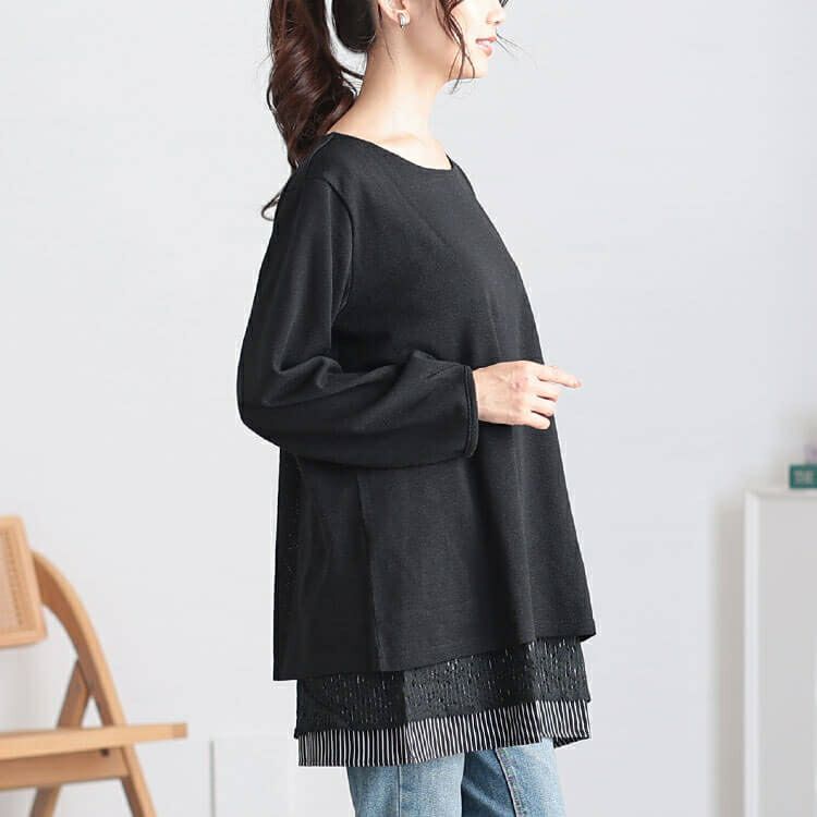 大きいサイズ レディース 裾レース＆ストライプ重ね着風チュニック　cast-5548006