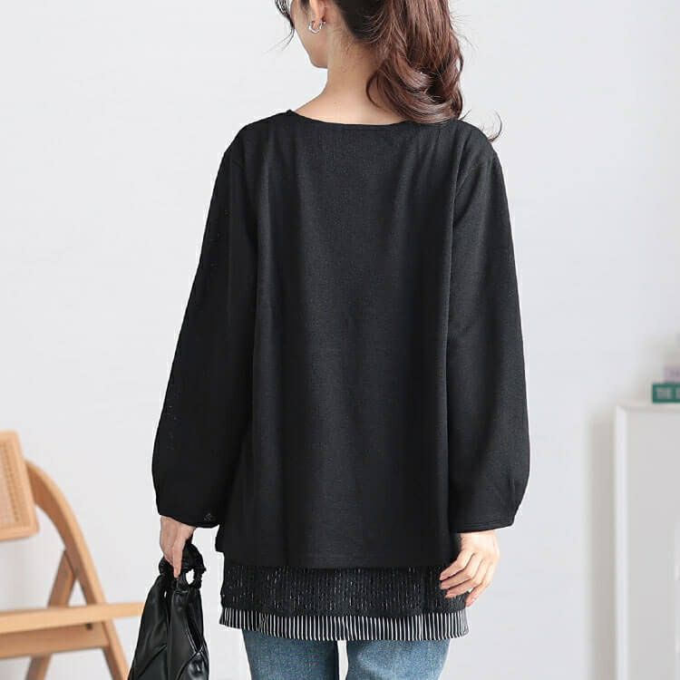 大きいサイズ レディース 裾レース＆ストライプ重ね着風チュニック　cast-5548006