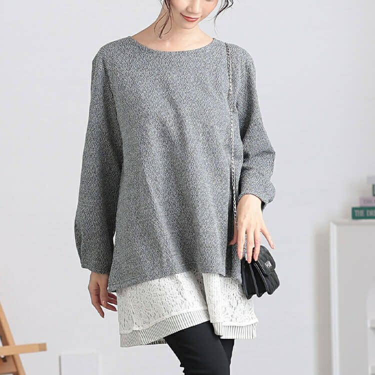 大きいサイズ レディース 裾レース＆ストライプ重ね着風チュニック　cast-5548006