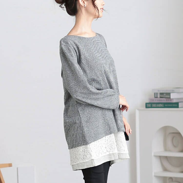 大きいサイズ レディース 裾レース＆ストライプ重ね着風チュニック　cast-5548006