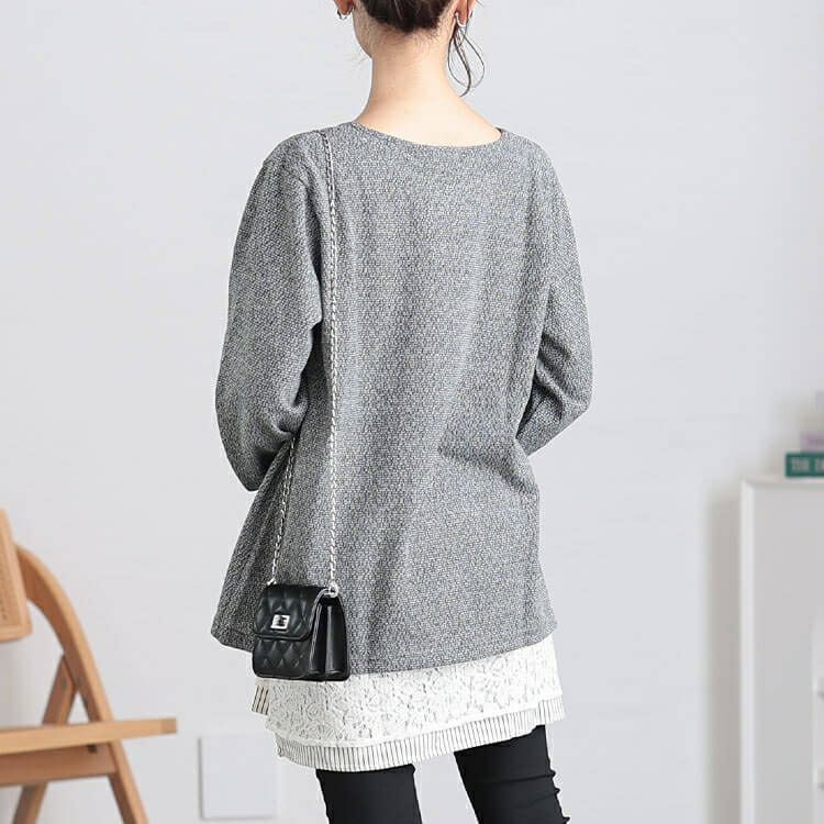 大きいサイズ レディース 裾レース＆ストライプ重ね着風チュニック　cast-5548006