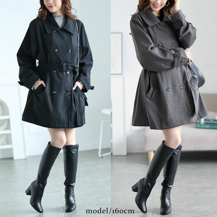 大きいサイズ レディース ベルト付きダブルボタンコート　fem-538