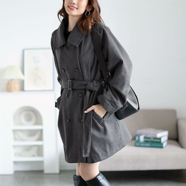 大きいサイズ レディース ベルト付きダブルボタンコート　fem-538 グレー