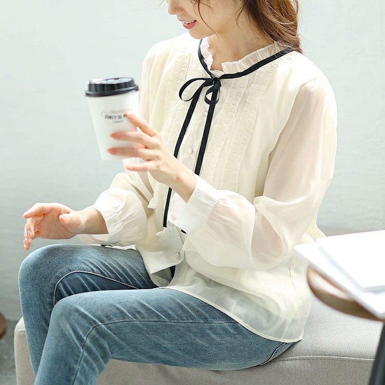 大きいサイズ レディース フリルネックリボン付きシアーブラウス　goldy-1608 【メール便可】