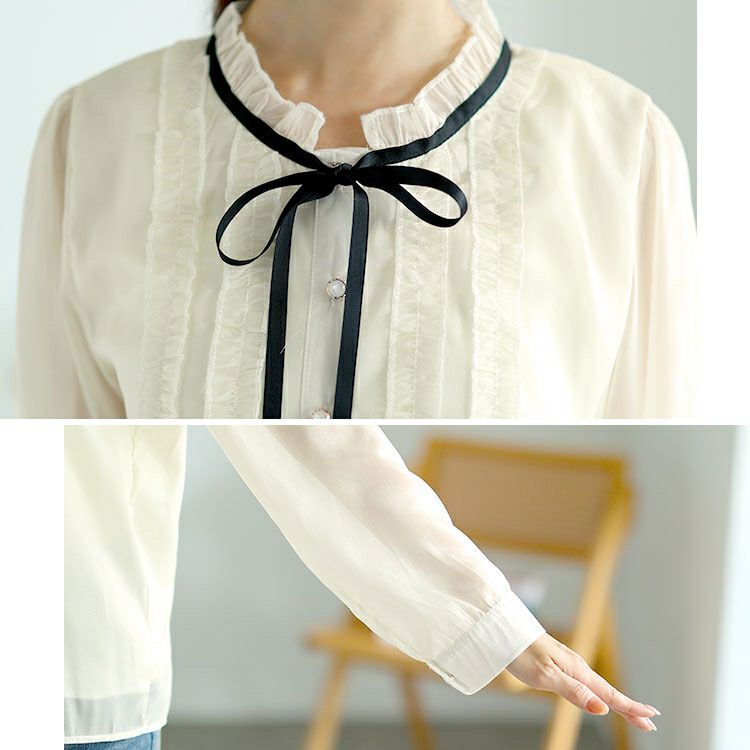 大きいサイズ レディース フリルネックリボン付きシアーブラウス　goldy-1608 【メール便可】