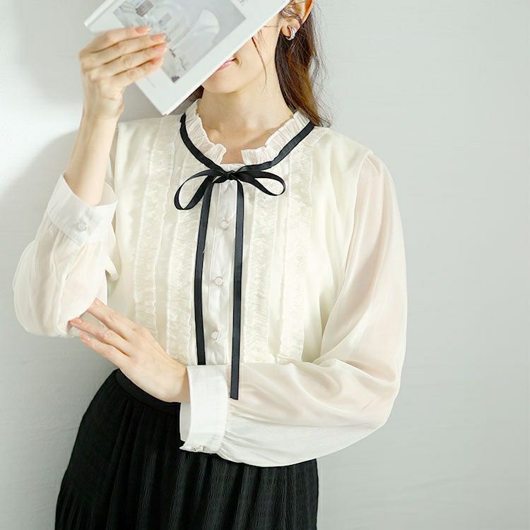 大きいサイズ レディース フリルネックリボン付きシアーブラウス　goldy-1608 【メール便可】