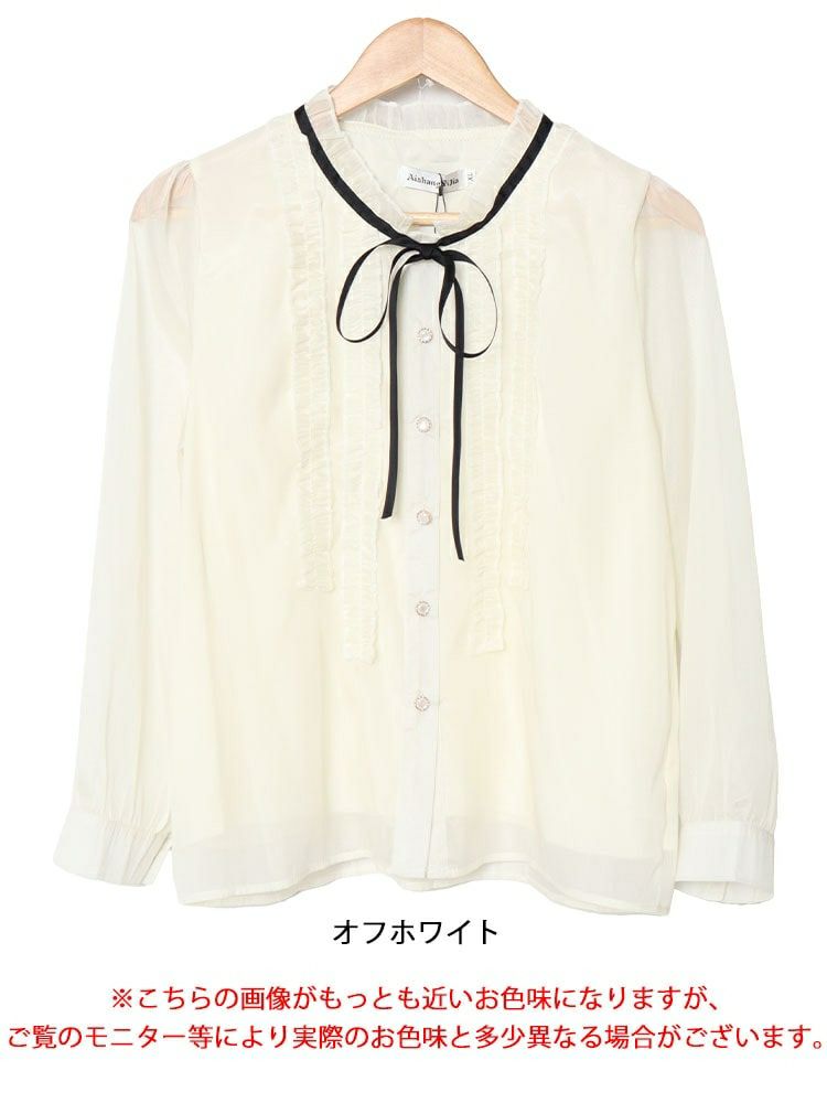 大きいサイズ レディース フリルネックリボン付きシアーブラウス　goldy-1608 【メール便可】