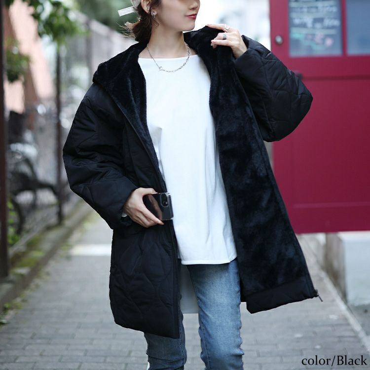大きいサイズ レディース フード付きキルティング裏ボアジャケット kt