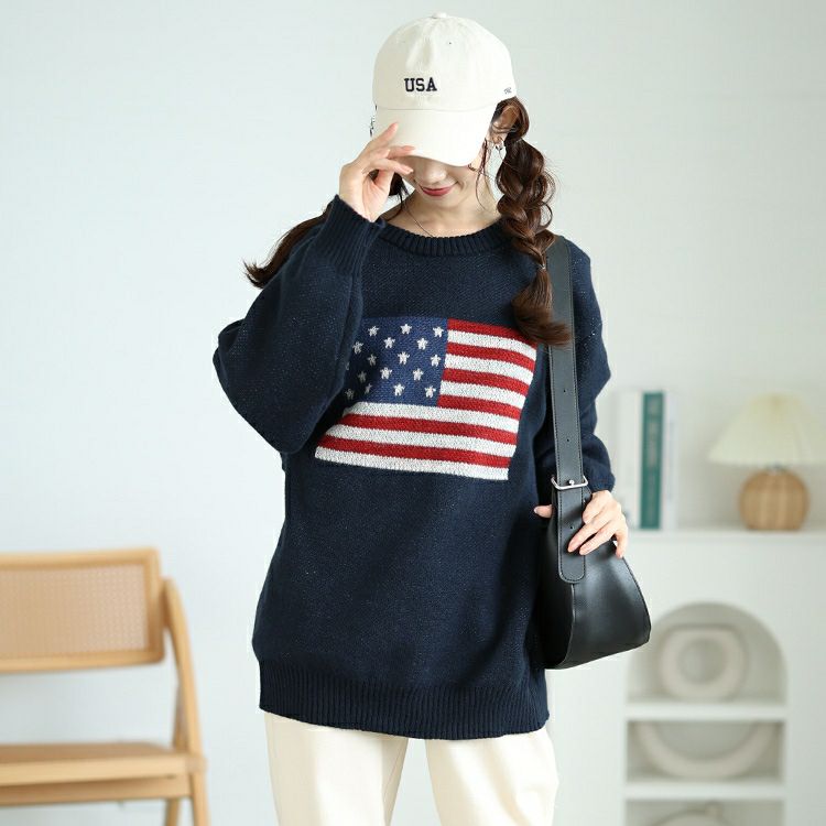 大きいサイズ レディース 国旗柄太リブ切り替えニット　cros-240060