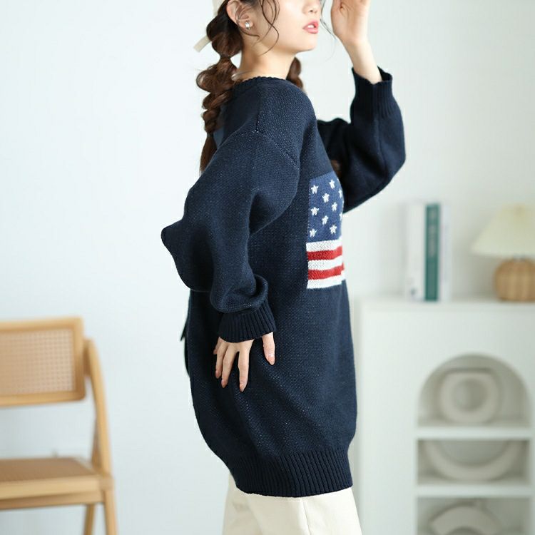 大きいサイズ レディース 国旗柄太リブ切り替えニット　cros-240060