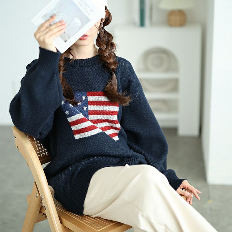 大きいサイズ レディース 国旗柄太リブ切り替えニット　cros-240060