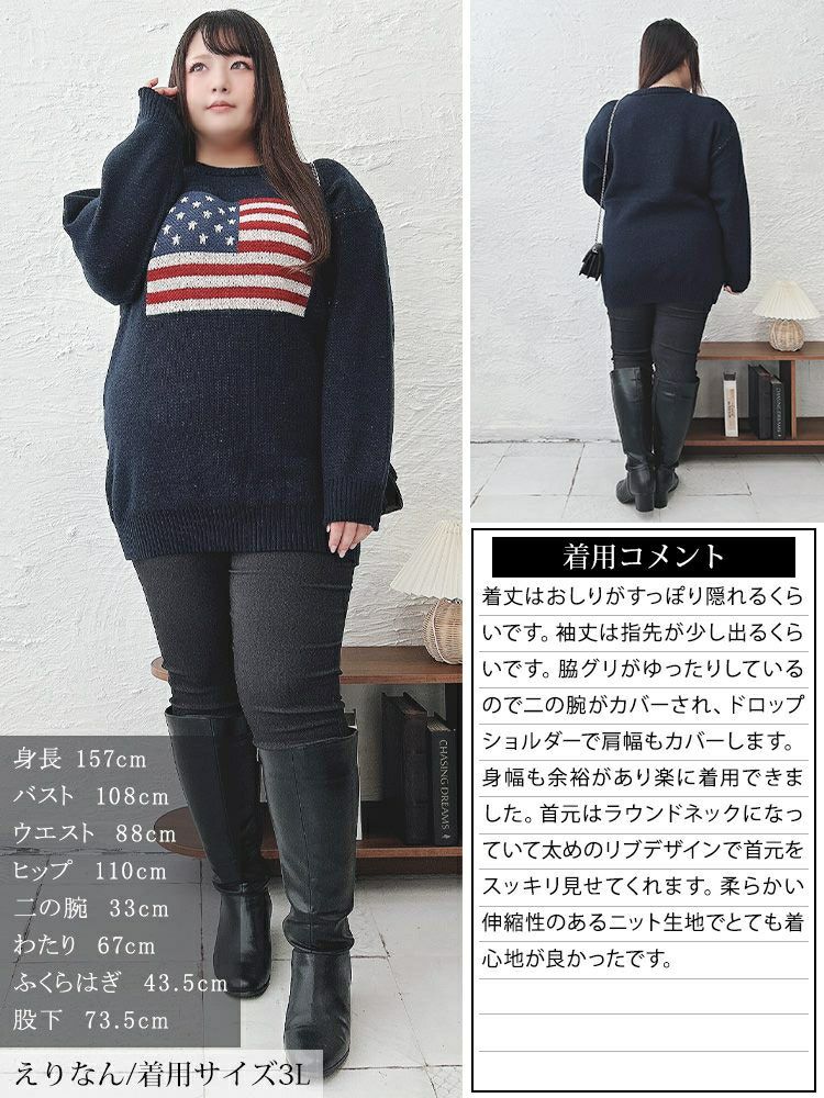大きいサイズ レディース 国旗柄太リブ切り替えニット　cros-240060