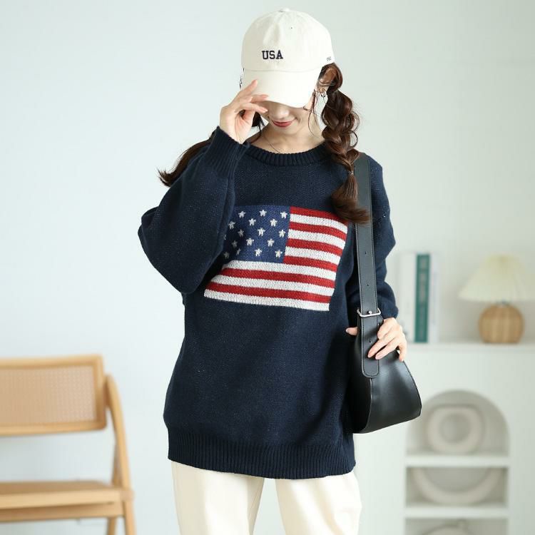 大きいサイズ レディース 国旗柄太リブ切り替えニット　cros-240060 ネイビー