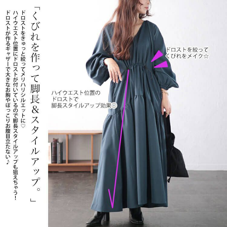 大きいサイズ レディース Vネックドロストギャザーワンピース　nw-24046