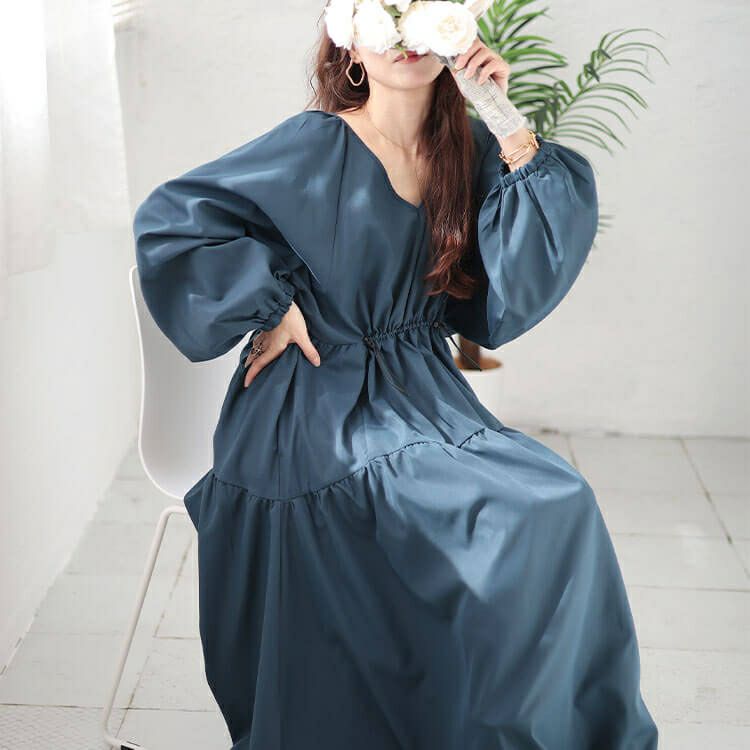 大きいサイズ レディース Vネックドロストギャザーワンピース　nw-24046