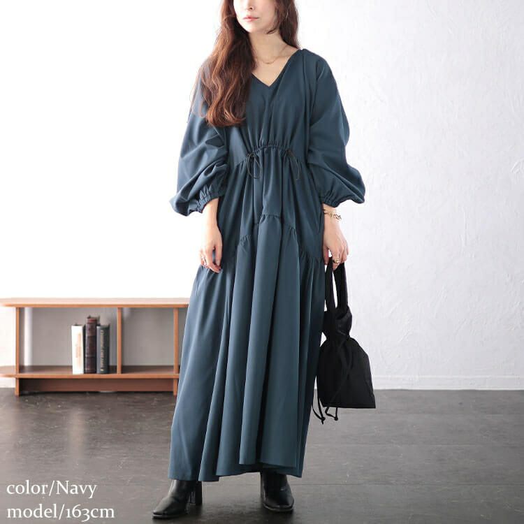 大きいサイズ レディース Vネックドロストギャザーワンピース　nw-24046