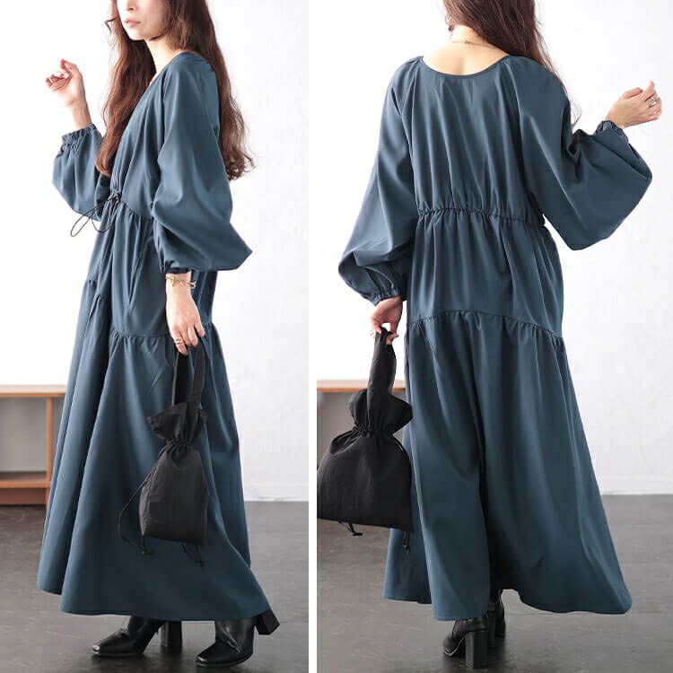 大きいサイズ レディース Vネックドロストギャザーワンピース　nw-24046