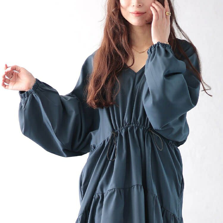 大きいサイズ レディース Vネックドロストギャザーワンピース　nw-24046