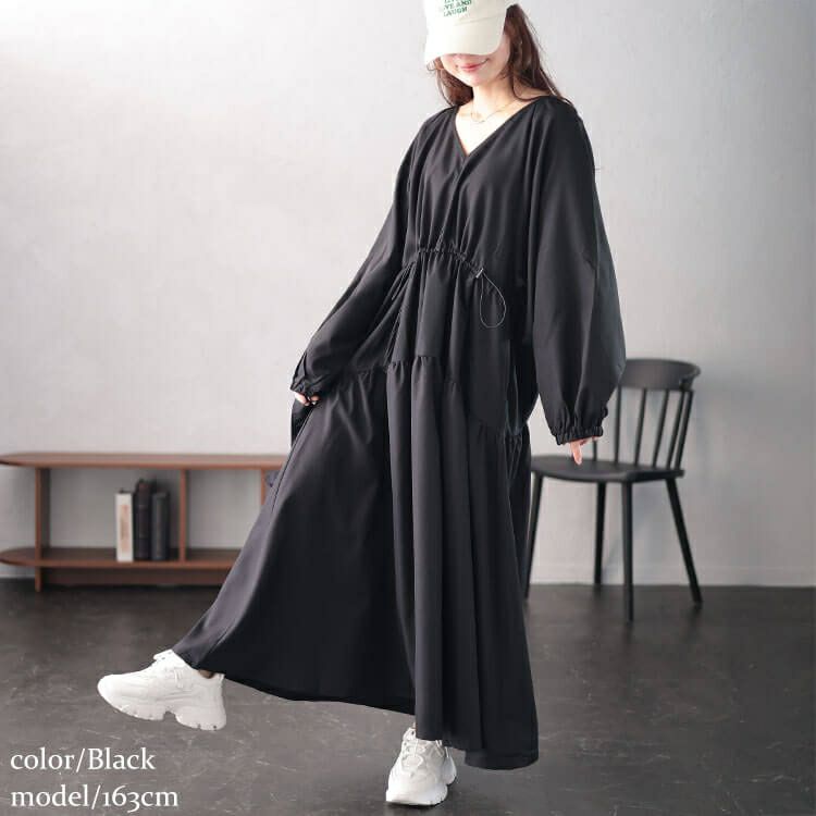 大きいサイズ レディース Vネックドロストギャザーワンピース nw-24046