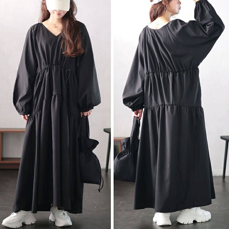 大きいサイズ レディース Vネックドロストギャザーワンピース　nw-24046