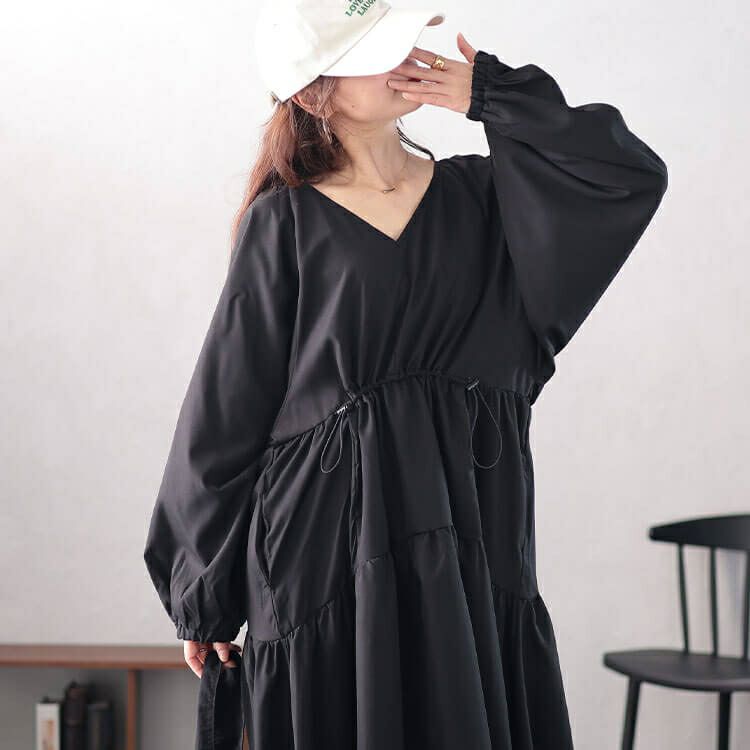 大きいサイズ レディース Vネックドロストギャザーワンピース　nw-24046