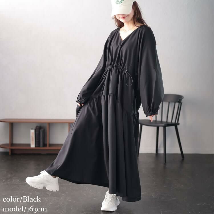 大きいサイズ レディース Vネックドロストギャザーワンピース　nw-24046 ブラック