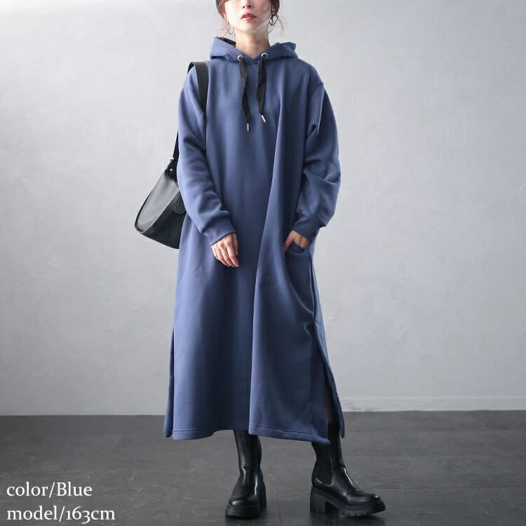 大きいサイズ レディース 裏起毛サイドスリットフード付きワンピース　plan-460017