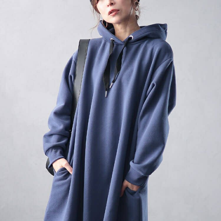 大きいサイズ レディース 裏起毛サイドスリットフード付きワンピース　plan-460017