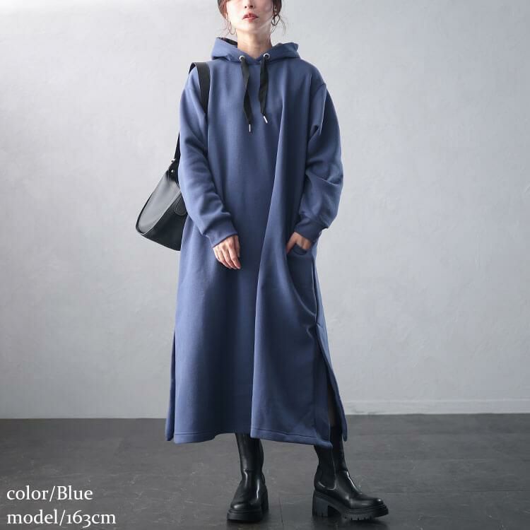 大きいサイズ レディース 裏起毛サイドスリットフード付きワンピース　plan-460017 ブルー