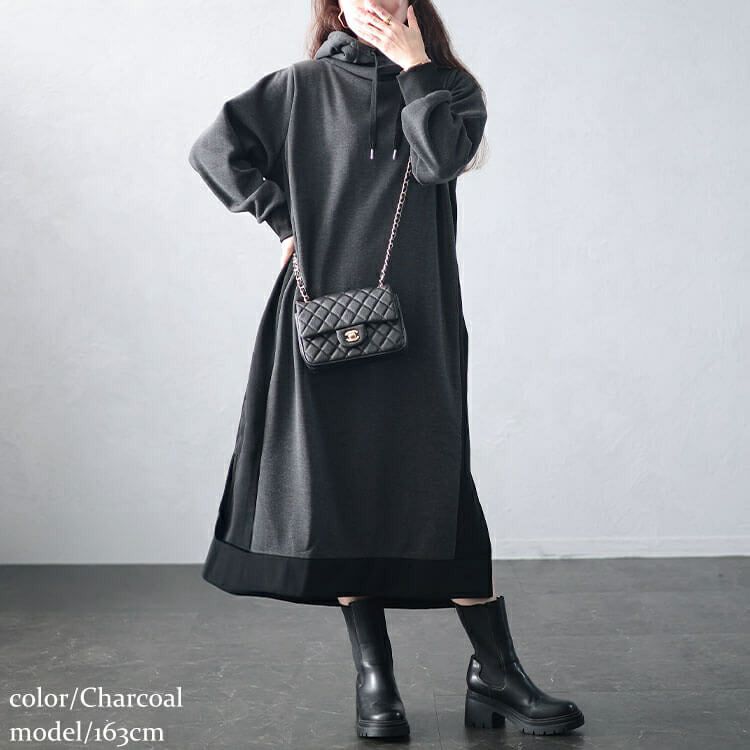大きいサイズ レディース 裏起毛配色パーカーワンピース　plan-460014