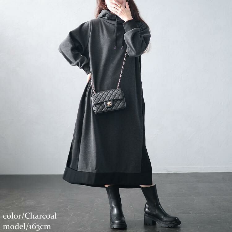 大きいサイズ レディース 裏起毛配色パーカーワンピース　plan-460014 チャコール