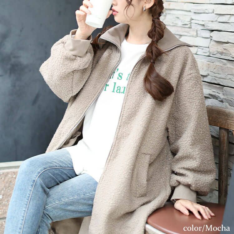 大きいサイズ レディース 裏起毛ビッグリブ襟ブークレコート　plan-360006