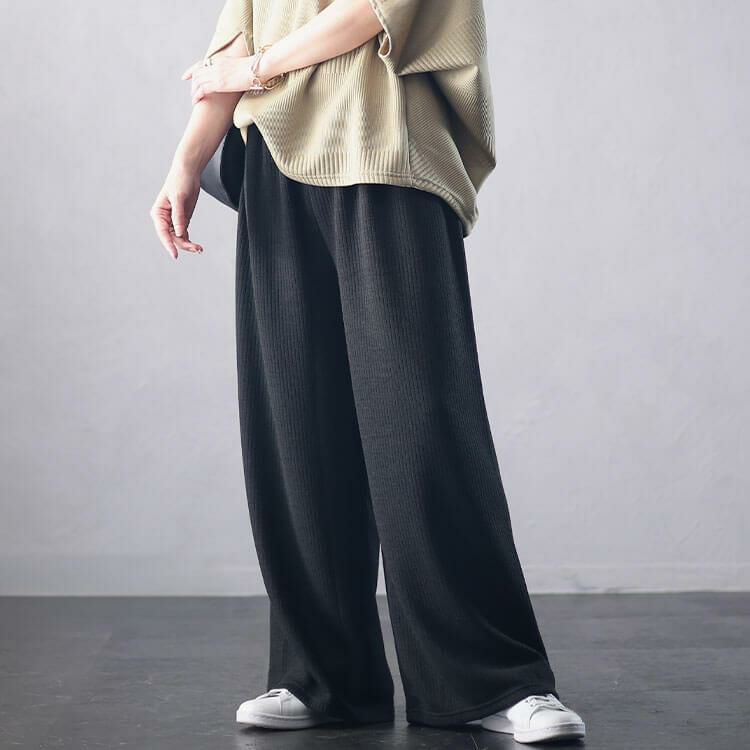 大きいサイズ レディース リブワイドパンツ　plan-250055 ブラック
