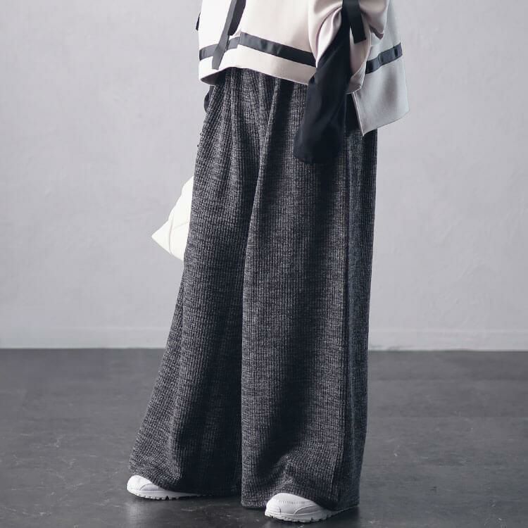 大きいサイズ レディース リブワイドパンツ　plan-250055 チャコール