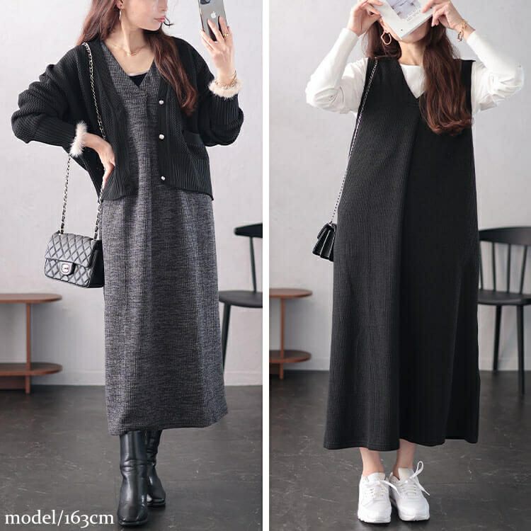 大きいサイズ レディース Vネックフロントタックジャンパースカート　plan-250054