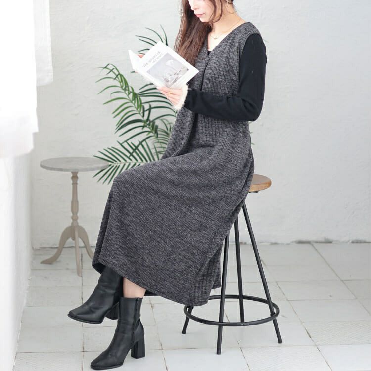 大きいサイズ レディース Vネックフロントタックジャンパースカート　plan-250054