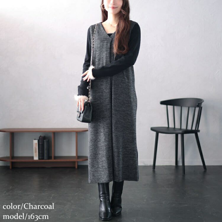 大きいサイズ レディース Vネックフロントタックジャンパースカート　plan-250054