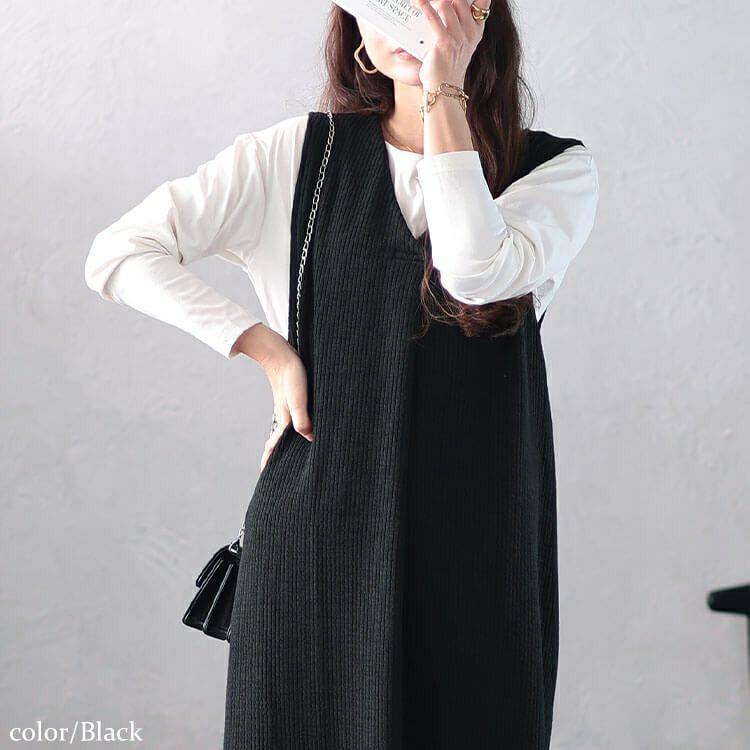 大きいサイズ レディース Vネックフロントタックジャンパースカート　plan-250054