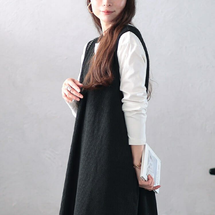 大きいサイズ レディース Vネックフロントタックジャンパースカート　plan-250054