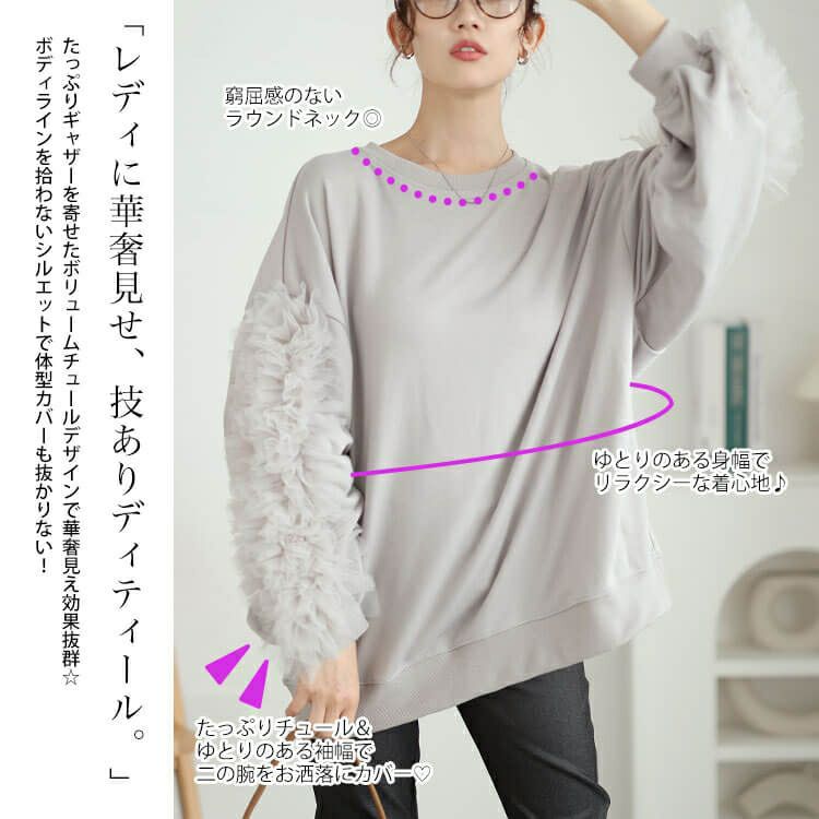 大きいサイズ レディース 袖チュールフリルプルオーバー　plan-260526