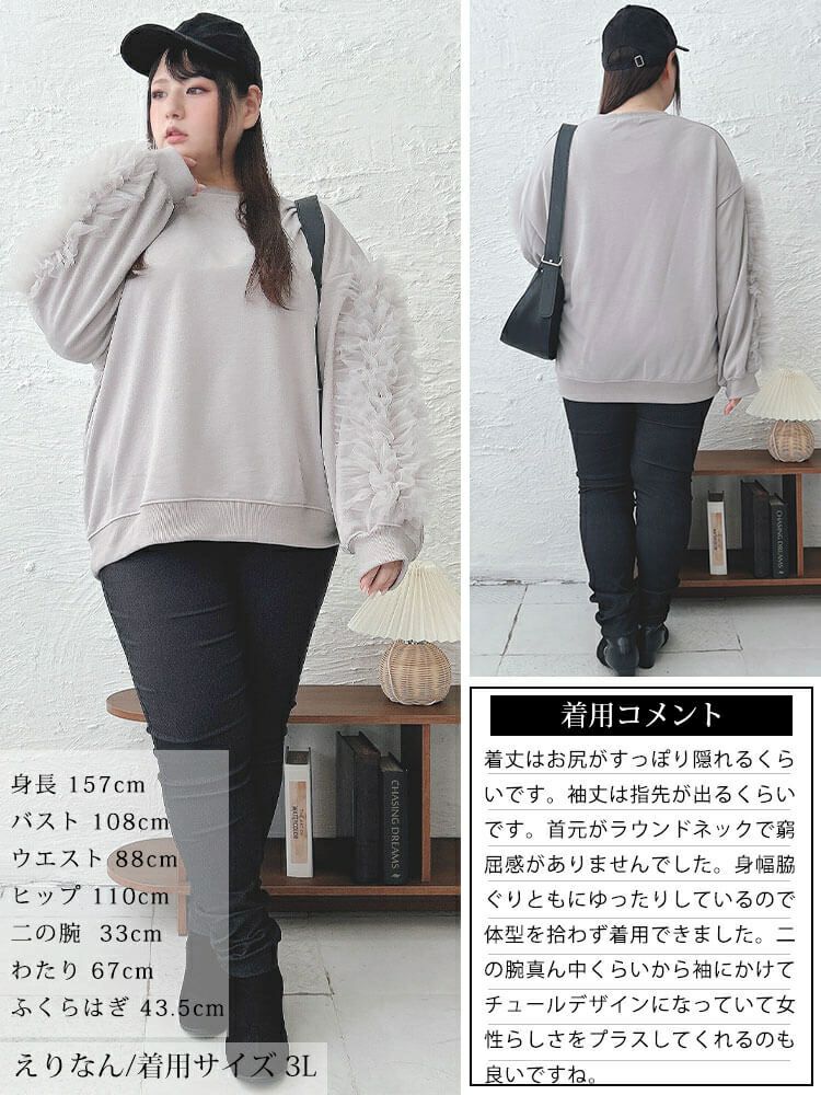 大きいサイズ レディース 袖チュールフリルプルオーバー　plan-260526